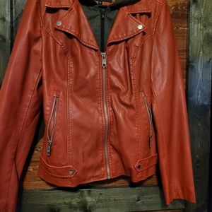 Faux leather jacket with removable hood.